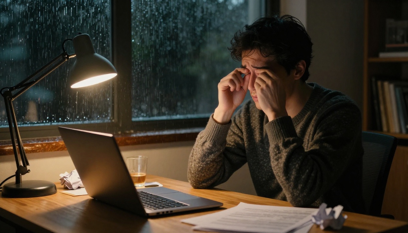 A tired developer at a night desk lit by a warm lamp while rain streaks the window