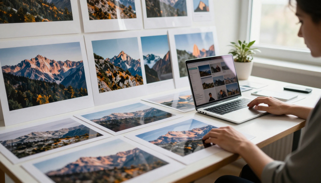 A creative studio table covered with large printed landscape and portrait photographs