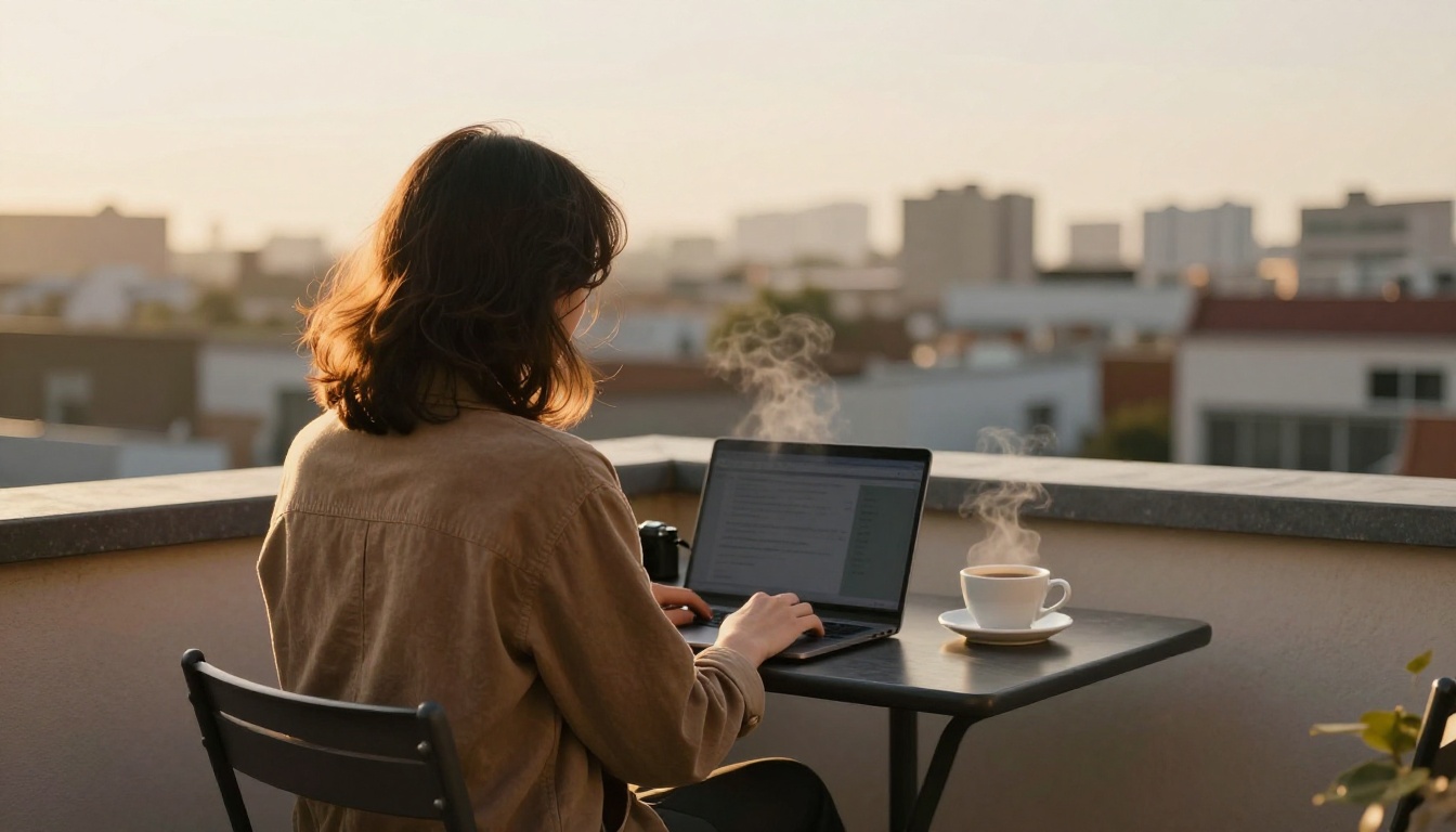 A person at a sunlit balcony table with a laptop and a mirrorless camera at golden hour