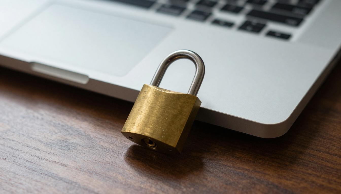 Brass padlock beside an open laptop on a walnut desk