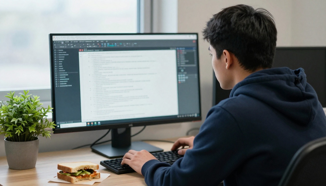Developer reading a terminal window on a large monitor