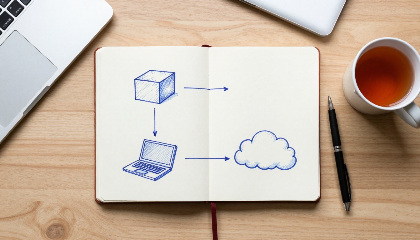 Overhead view of a notebook with two hand-drawn connection diagrams