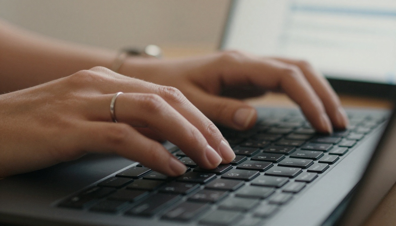 Hands typing in warm afternoon light