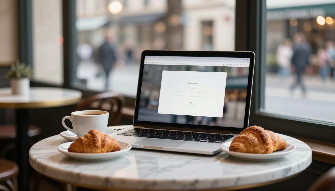 Laptop on a marble cafe table showing a blurred sign-in page