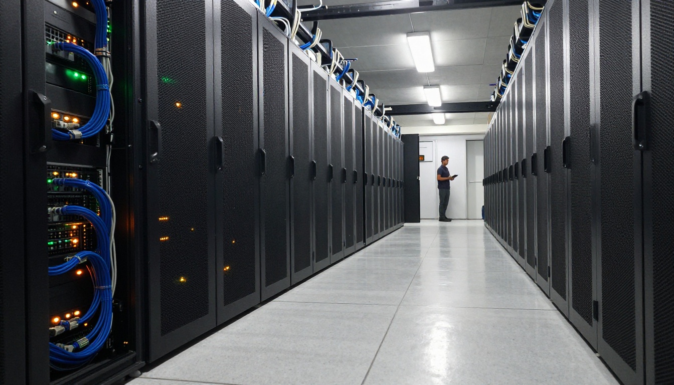 Long aisle of black server racks with neat cable trays