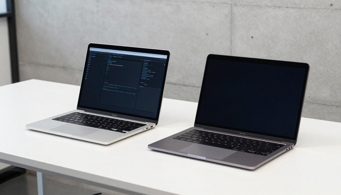 Silver and black laptops side by side running terminal windows