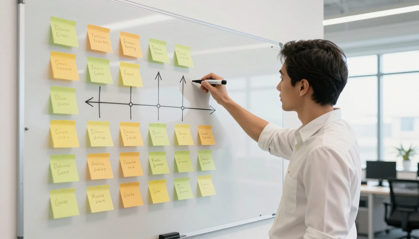 Developer at a whiteboard filled with sticky notes and timeline arrows