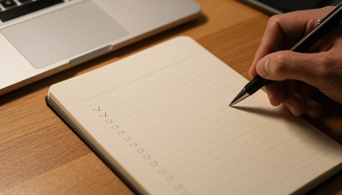 Notebook checklist with check marks next to a laptop