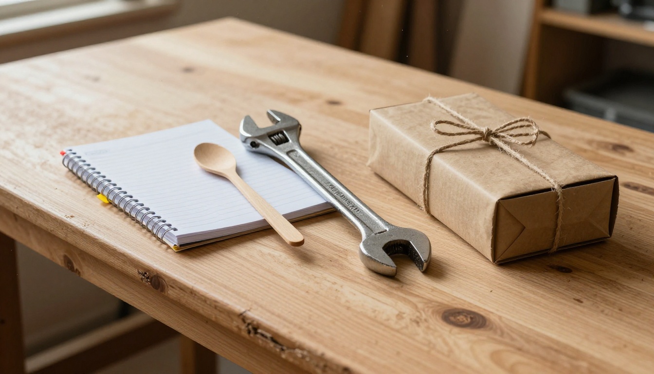 Low-angle photo of a steel wrench, a recipe binder and a sealed shipping crate on a maple workbench