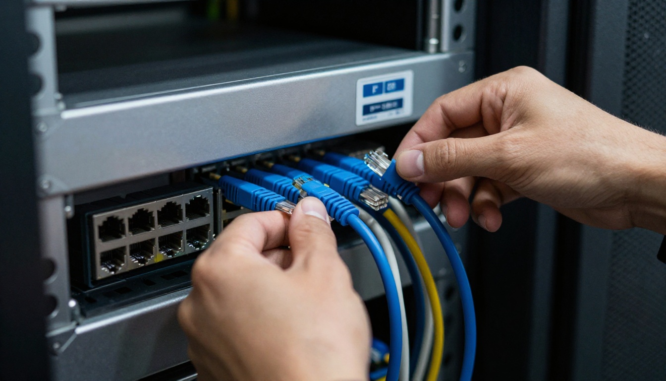 Close-up of a technician's hands pushing a blue ethernet cable into a patch panel