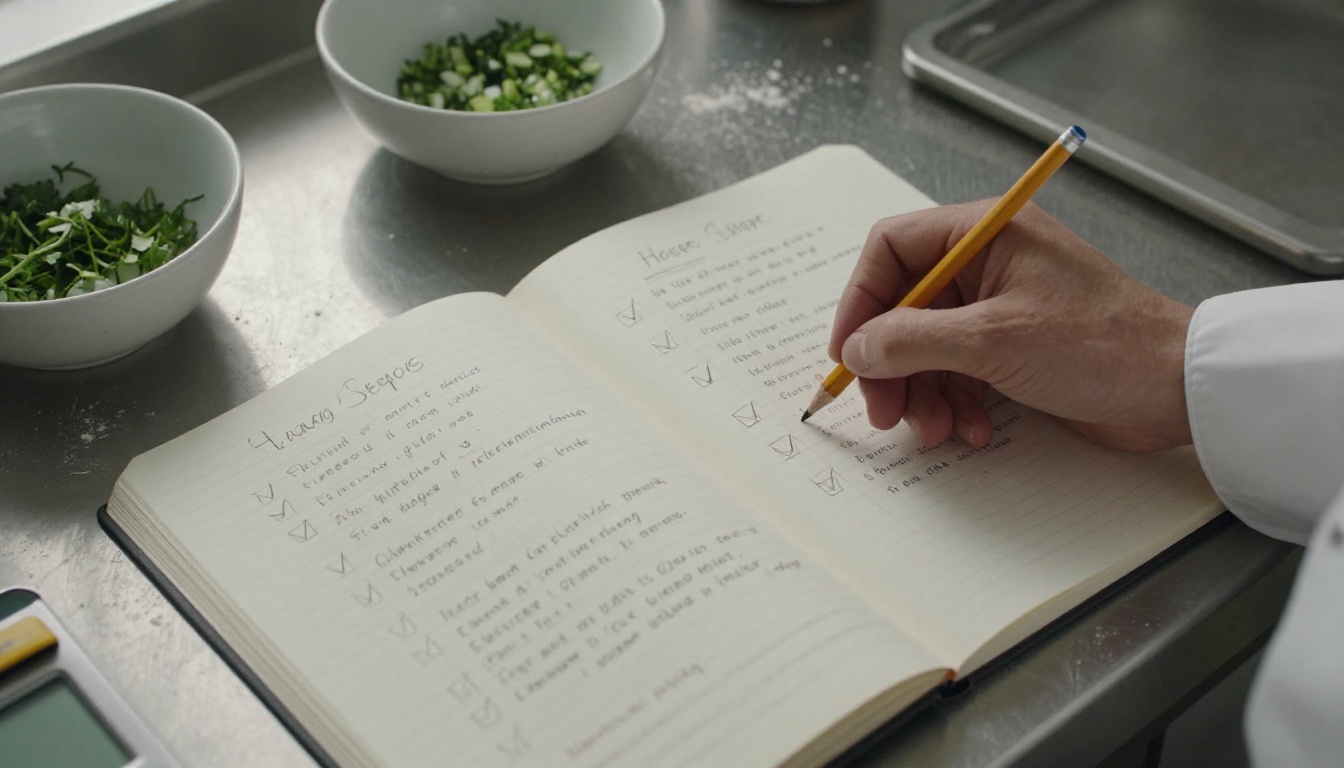 Overhead flat-lay of a procedure binder with handwritten recipe cards and a chef's hands