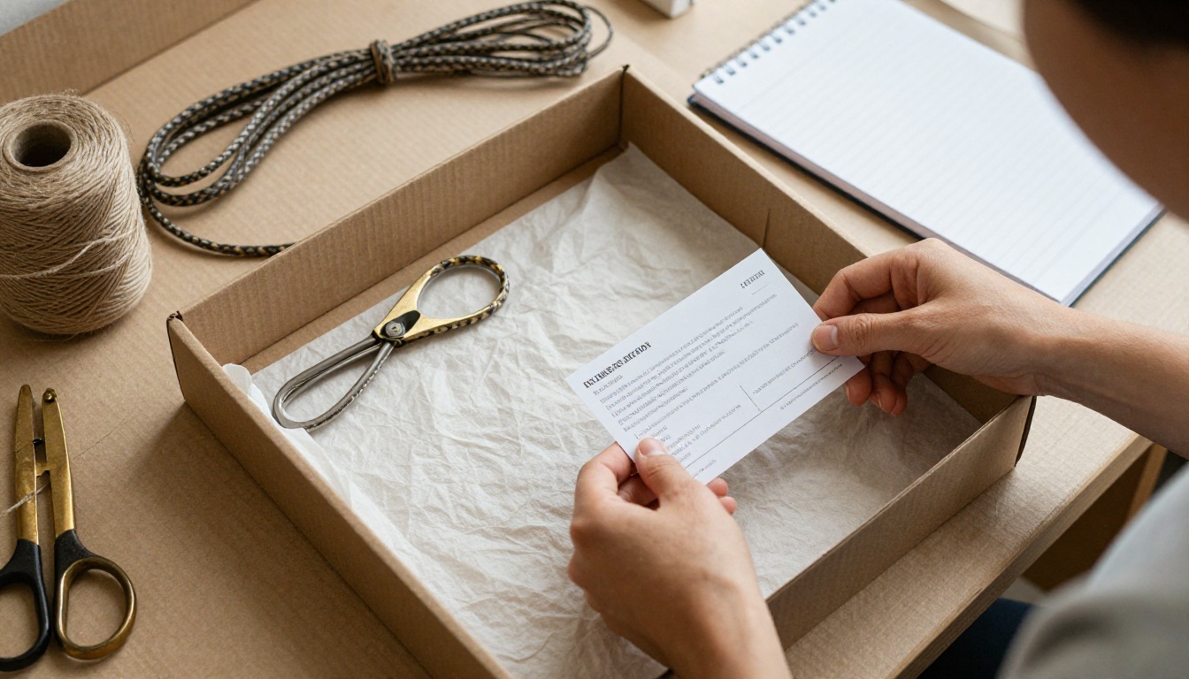 High-angle photo of hands packing an instruction card, a cable and a notebook into a kraft box