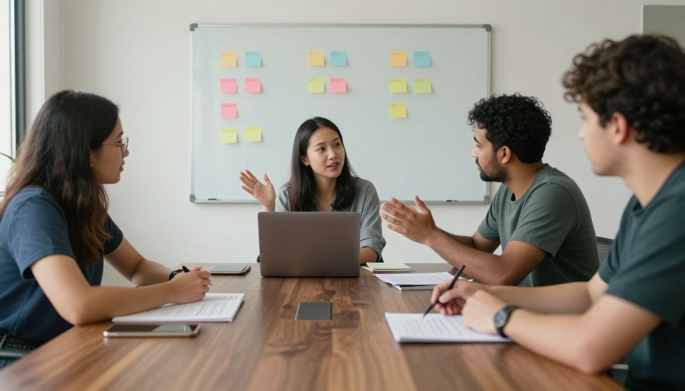 Three colleagues around a walnut table comparing printed sheets beside a laptop