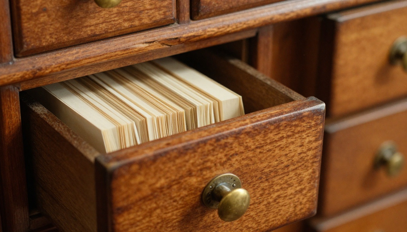 Macro photo of an antique card catalog with one brass handled drawer pulled halfway open