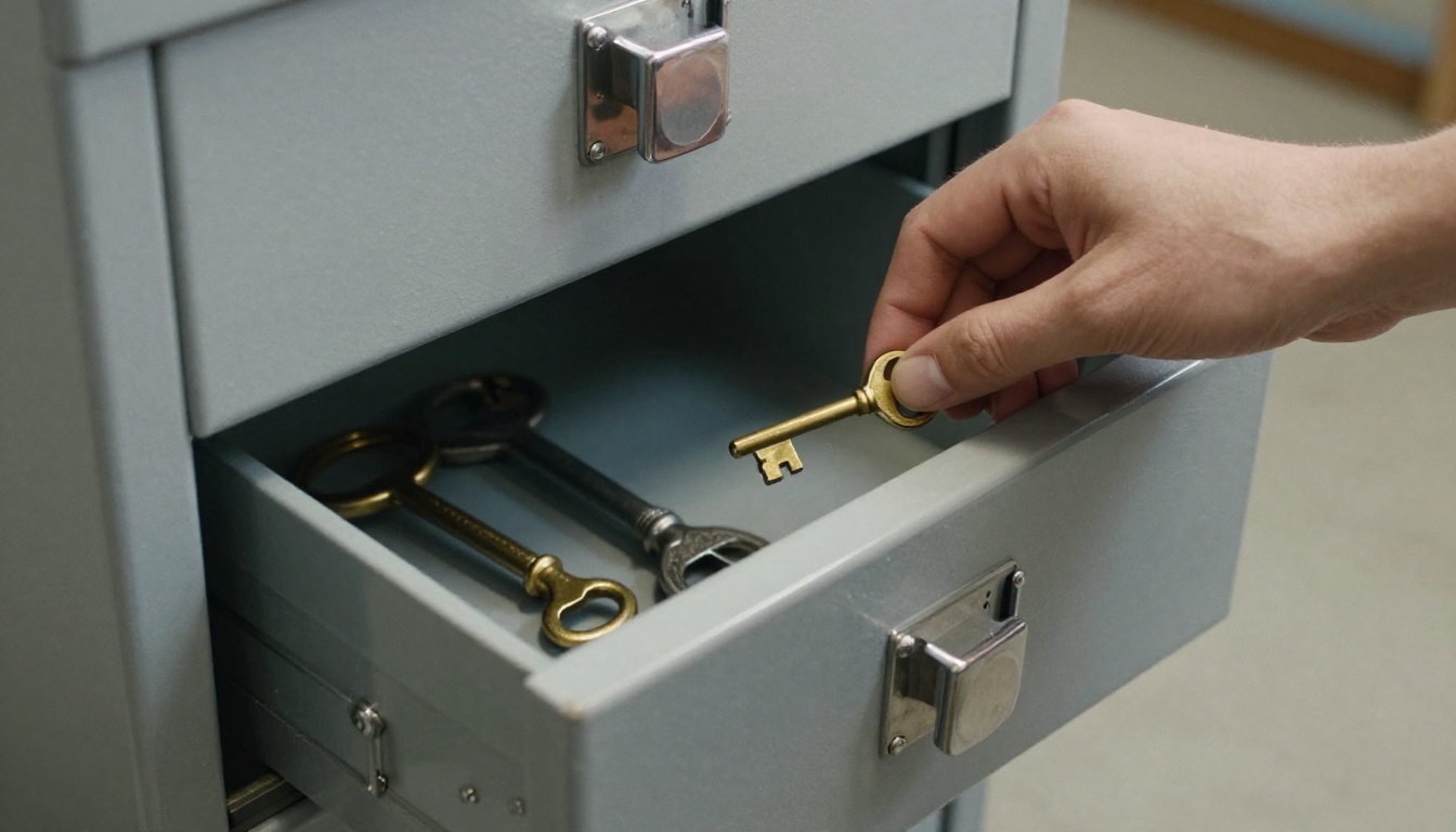 Close-up of a hand at the lock of a gray steel tool cabinet in a workshop