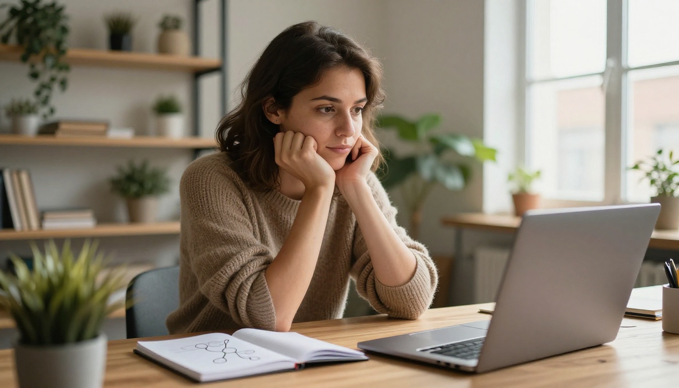 Medium shot of a woman developer resting her chin on her hand while studying a laptop