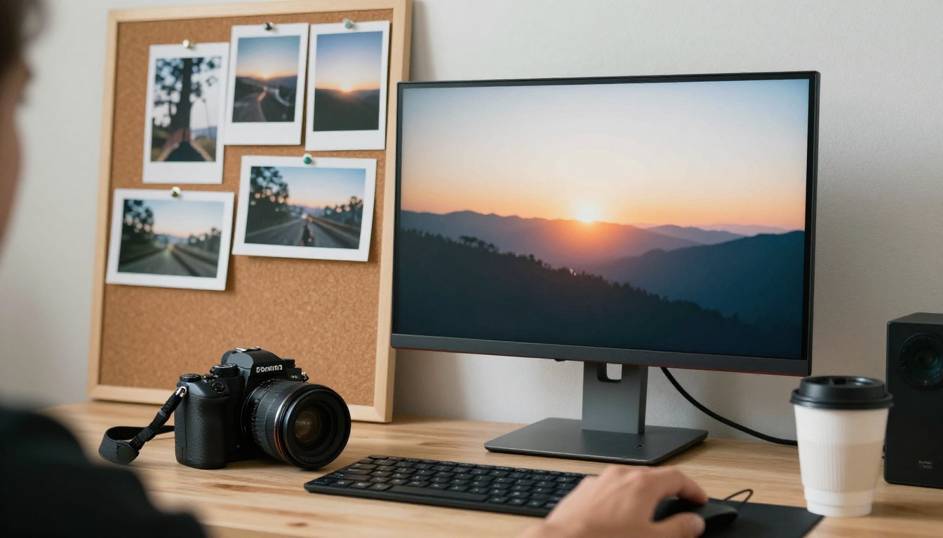 Wide shot of a photographer's studio desk with a monitor, a camera and a pinned mood board