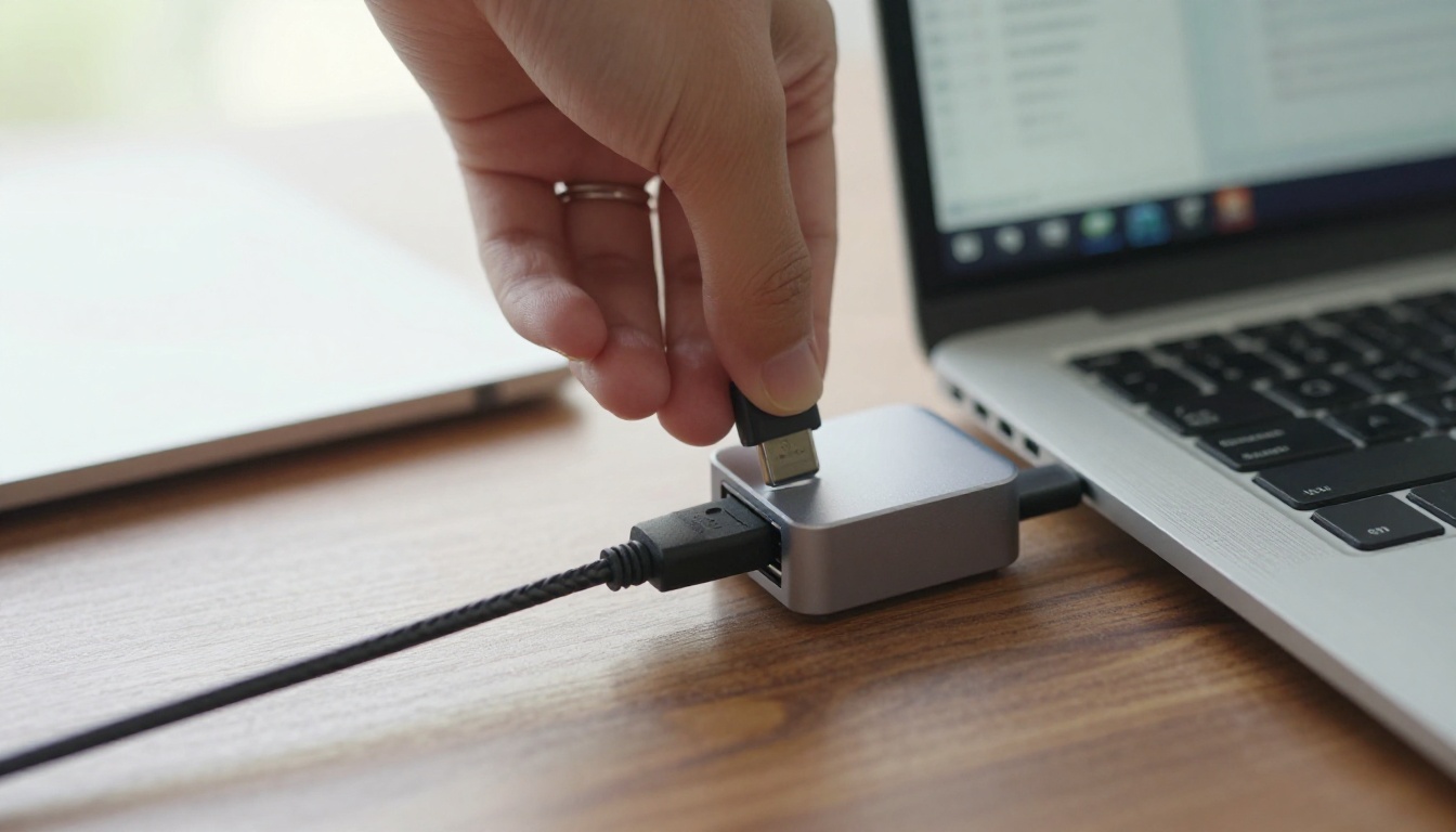 Hand plugging a braided USB-C cable into an aluminum hub beside a laptop on a walnut desk