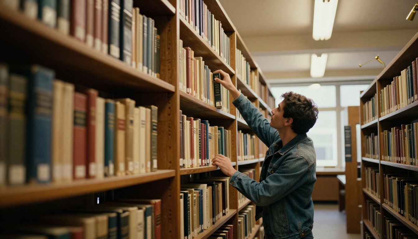 Developer reaching for a technical manual on tall library shelves