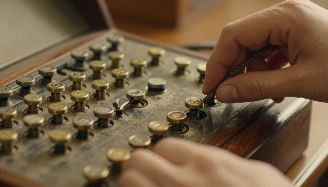 Hands pushing a braided cord into a brass jack on a vintage wooden switchboard