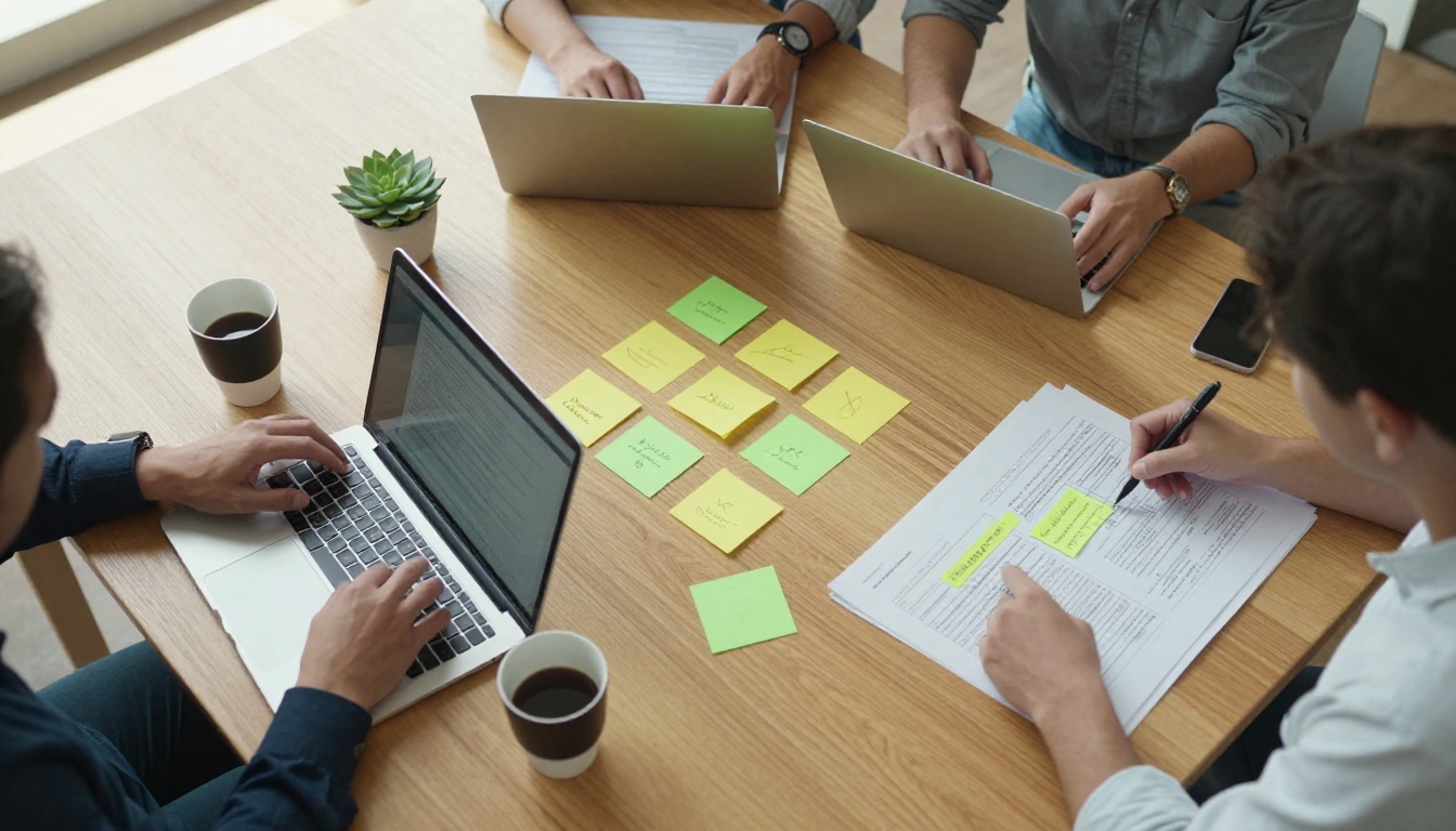 Three developers reviewing printed pages around an oak table, seen from above