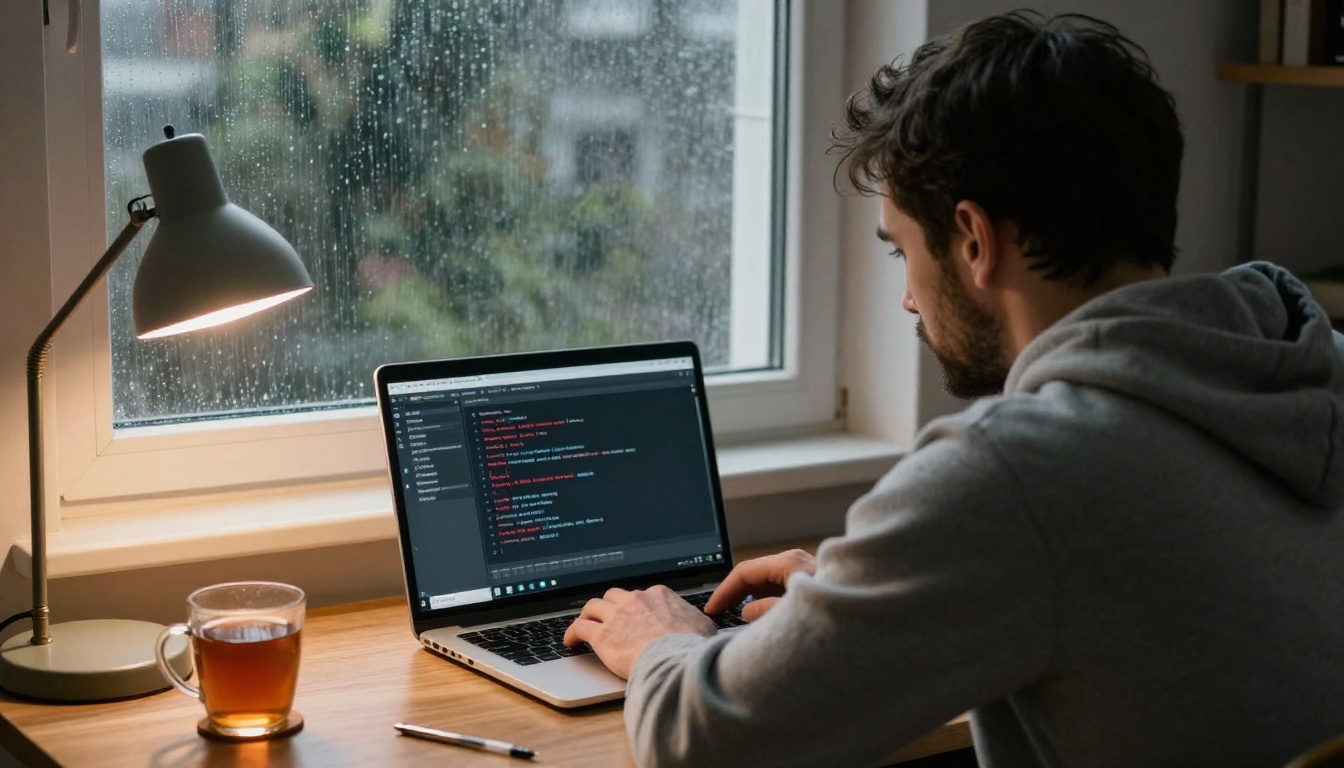 Tired developer at a dim desk at night reading a terminal full of error text