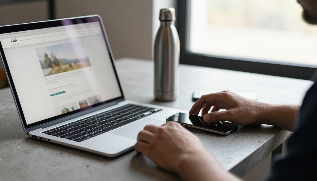 Tester's hands on a laptop beside a phone and tablet showing the same webpage