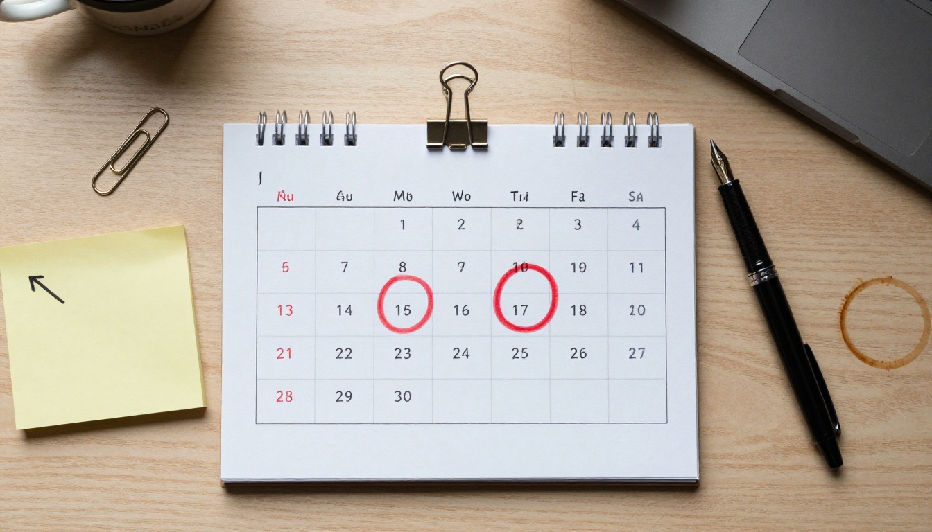 Overhead view of a paper desk calendar with two circled dates and sticky notes