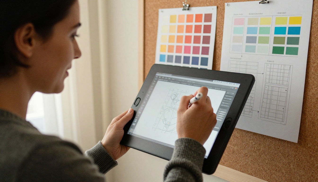Product designer holding a stylus over a pen display in front of a wireframe board
