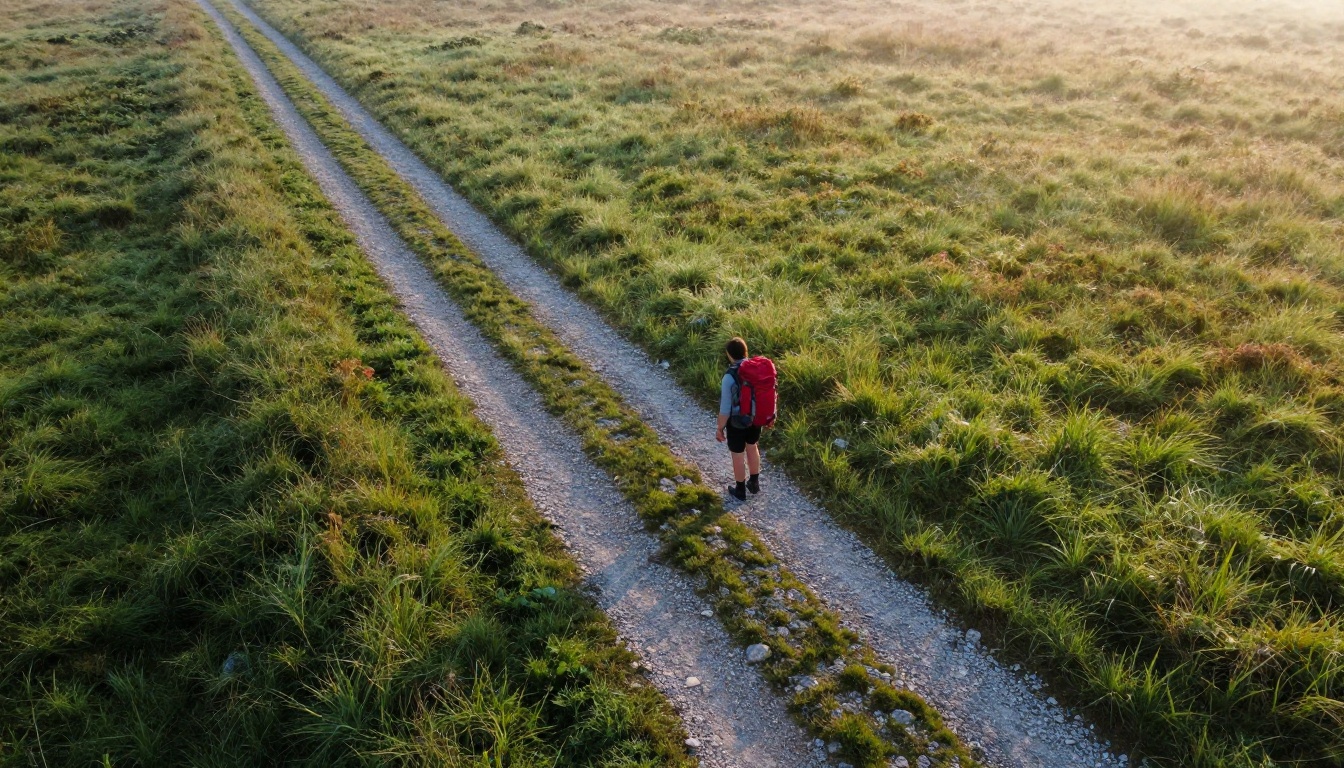 Aerial view of a gravel trail splitting into three paths across a sunrise meadow