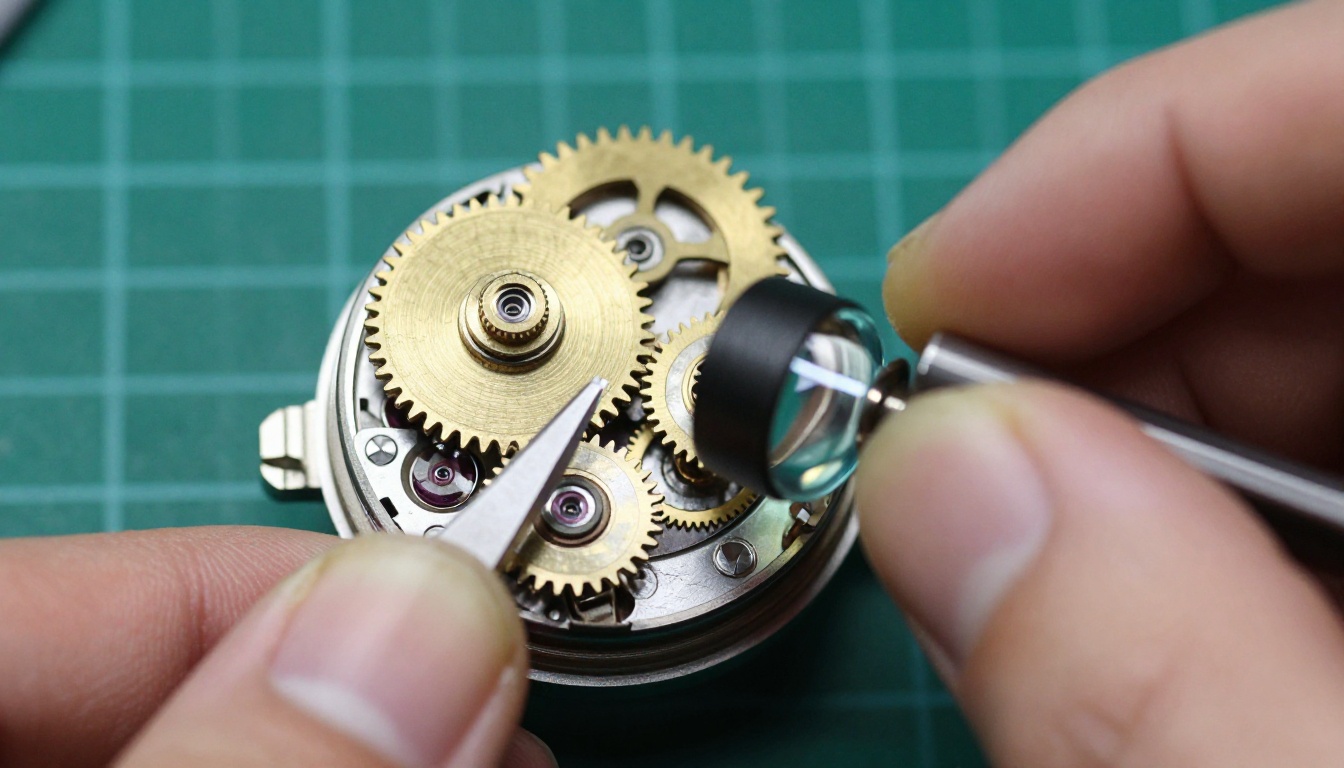 Watchmaker using a brass loupe over an open mechanical movement