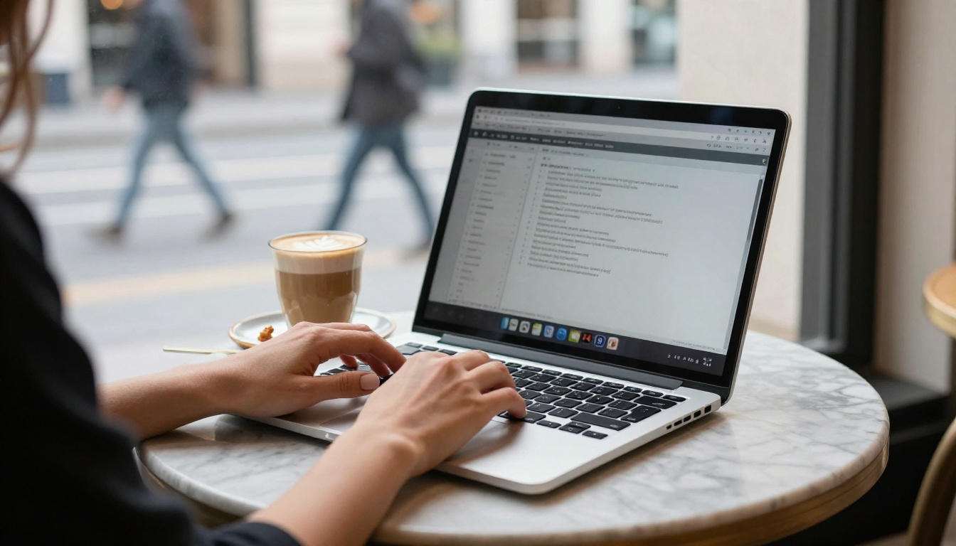 Woman's hands typing on a silver laptop at a marble cafe table beside a latte