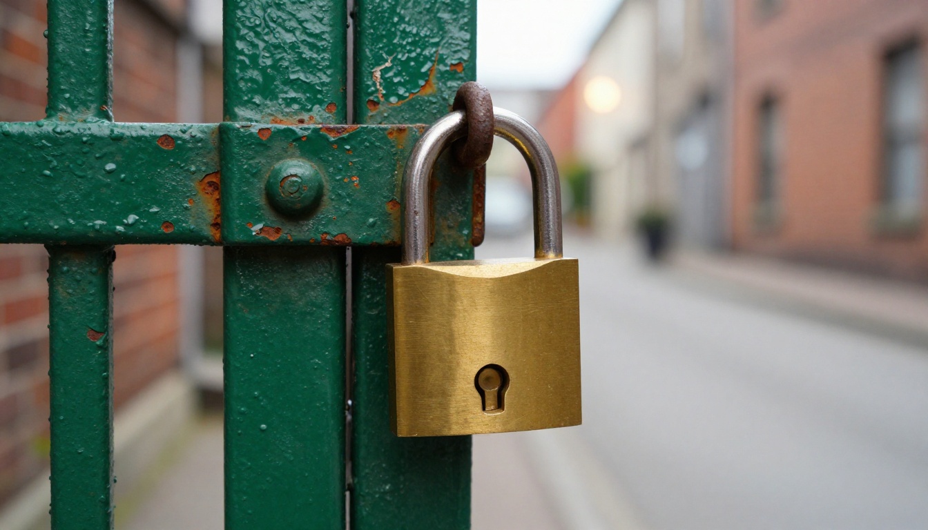 Brass padlock on a weathered green steel gate