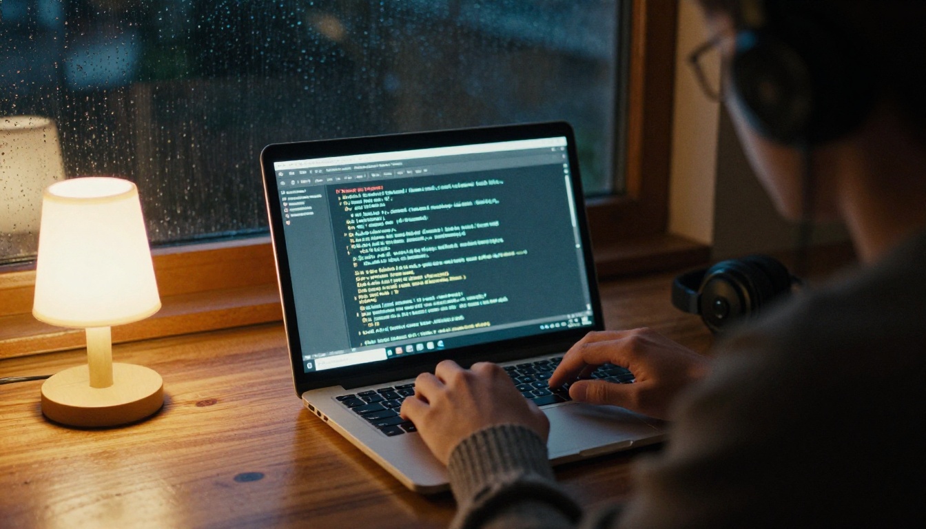 Developer at night with a terminal on the laptop and a warm desk lamp