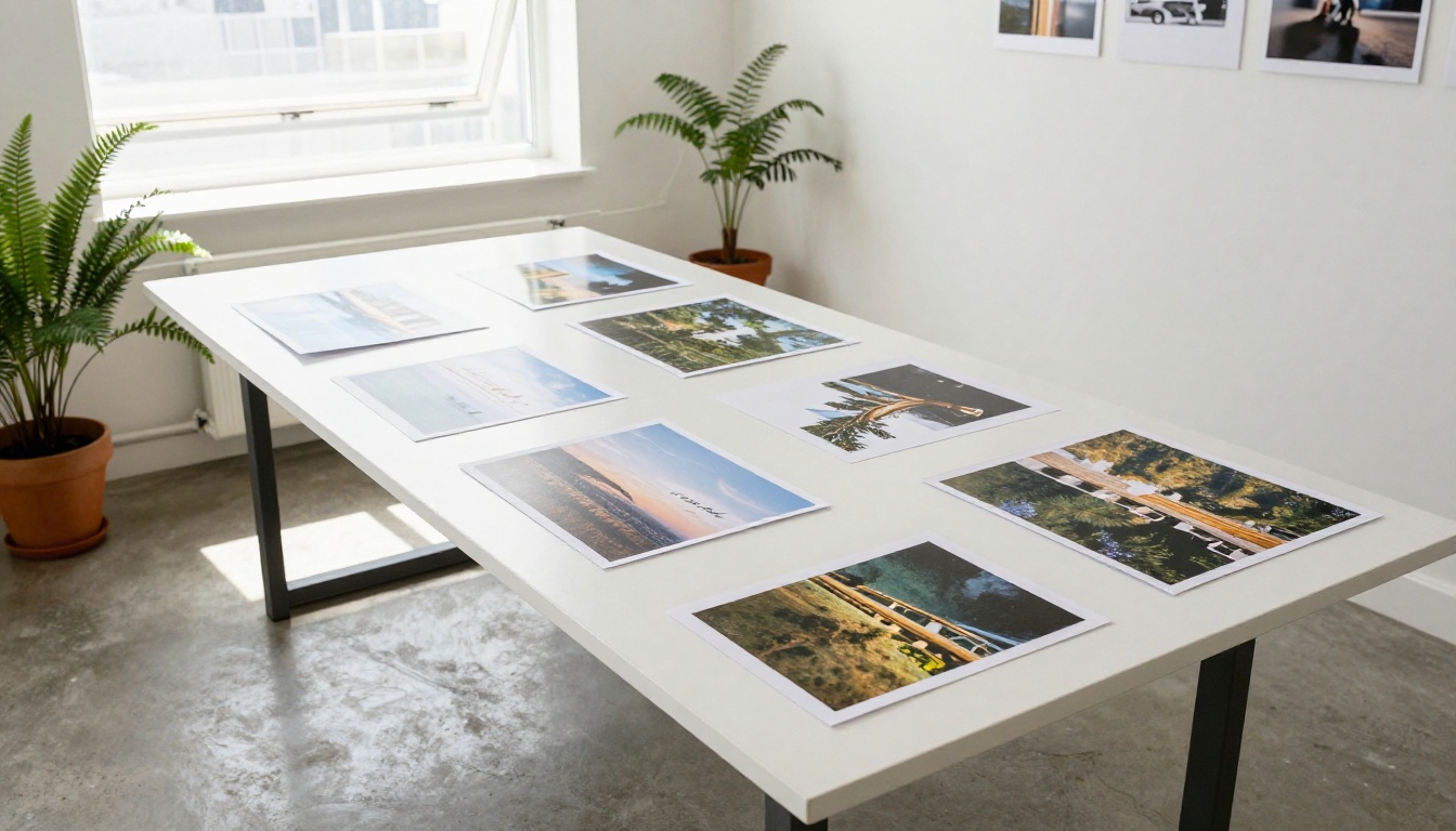 Designer examining printed landscape photographs in a bright studio