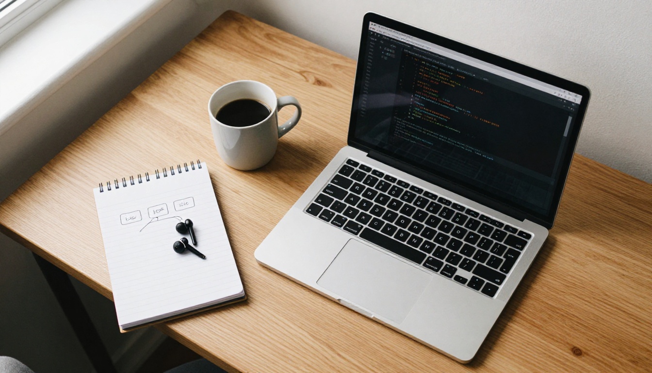 Top-down view of a developer's oak desk with a laptop, coffee mug and a hand-drawn diagram of connected boxes