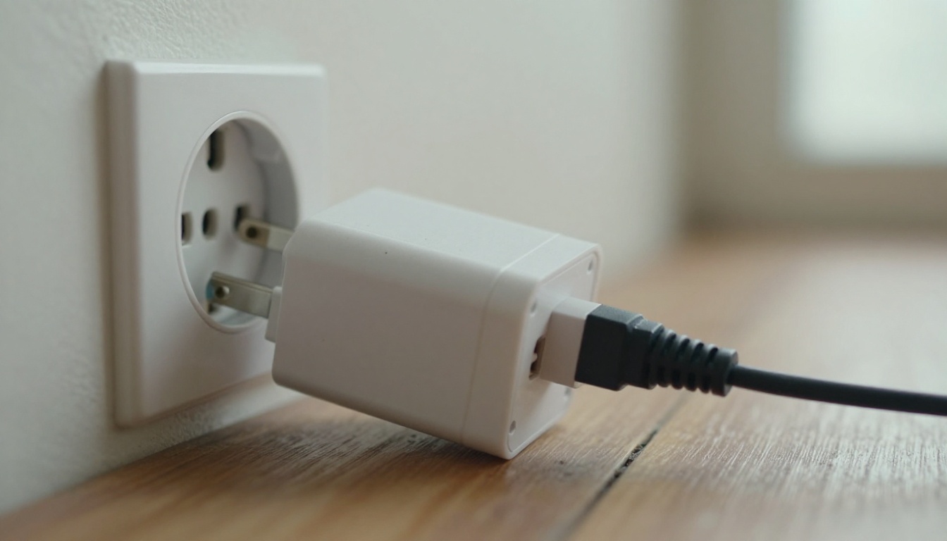 Macro shot of a white travel plug adapter sitting in a wall socket