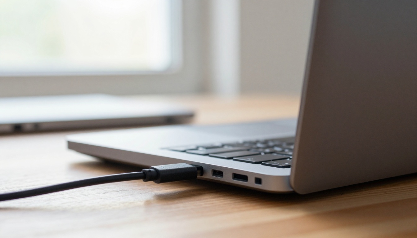 A hand plugging a USB-C cable into a silver laptop on a wooden desk, a second laptop blurred behind