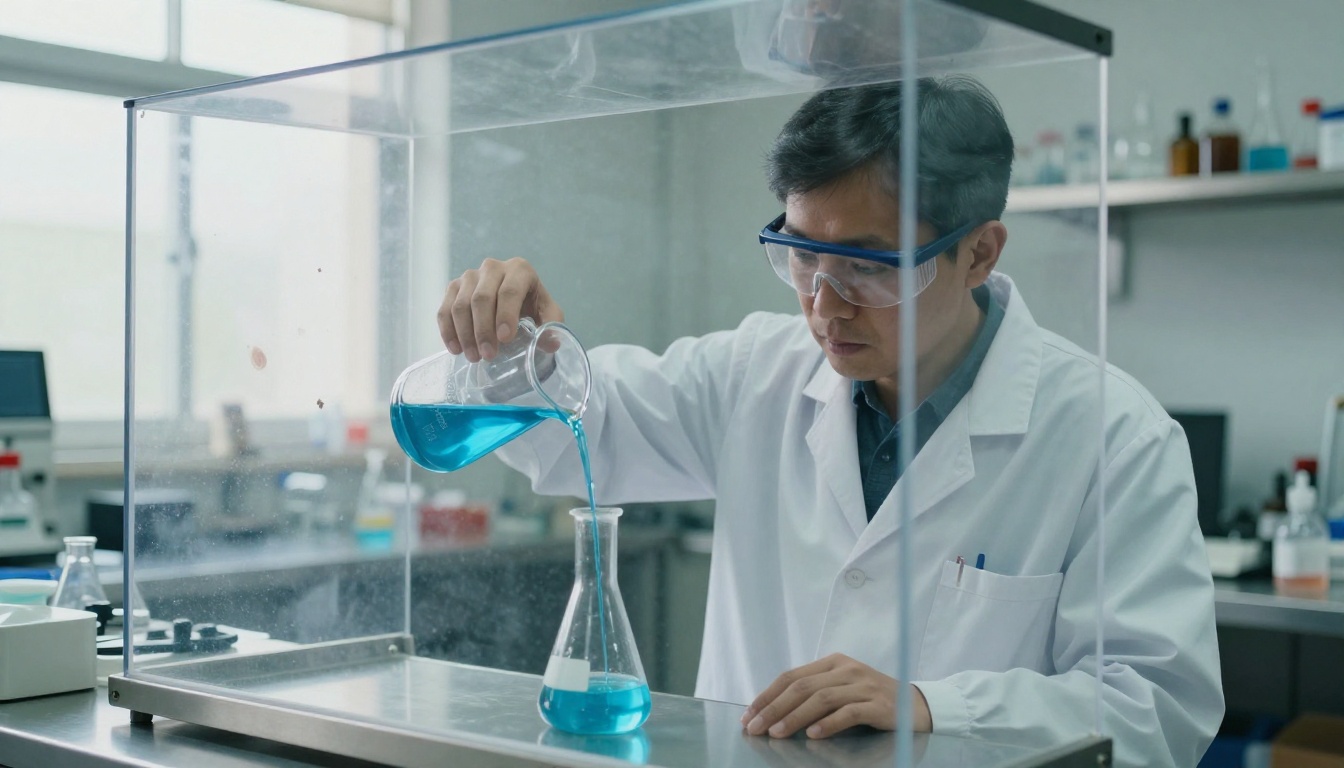 Scientist behind a clear acrylic safety shield pouring blue liquid into a flask