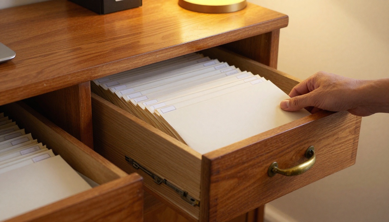 A hand pulling a manila folder from a half-open wooden filing cabinet drawer in a home office