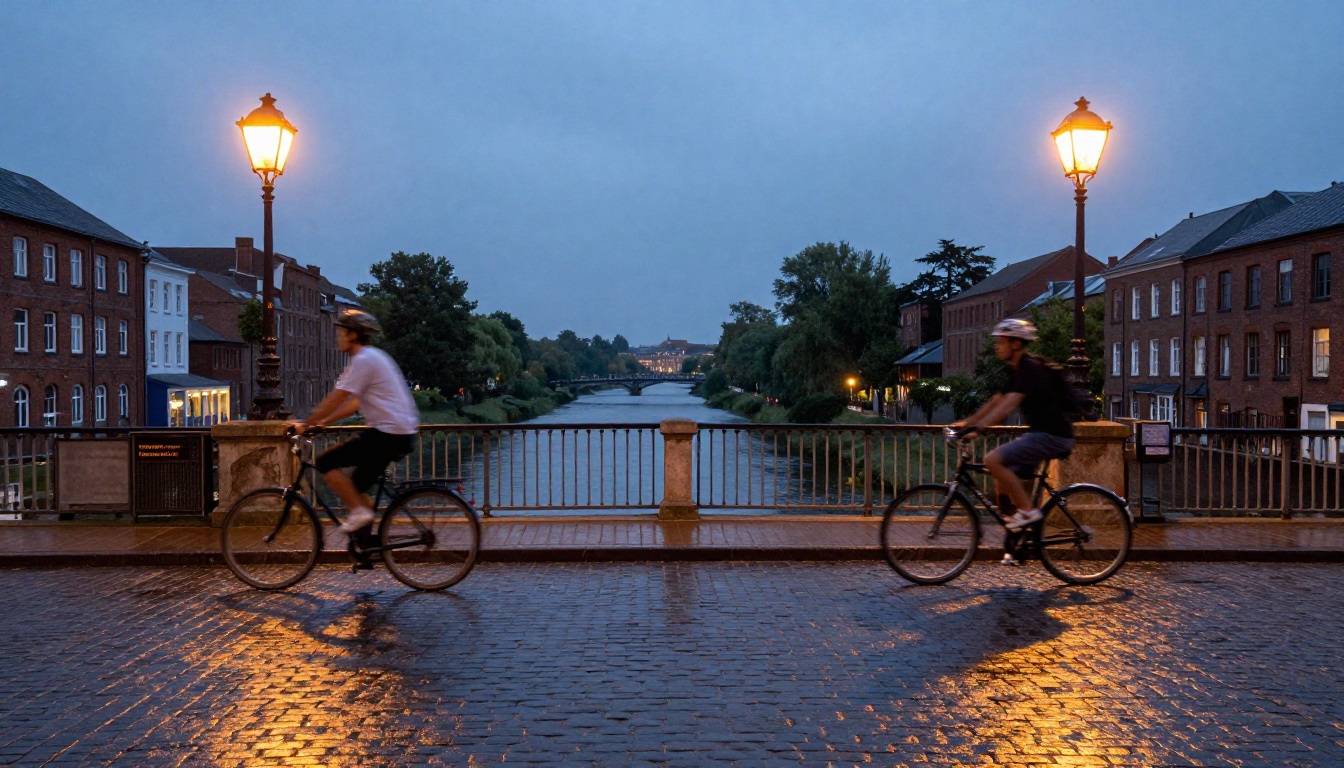 Wide view of a footbridge at blue hour with two cyclists passing in opposite directions