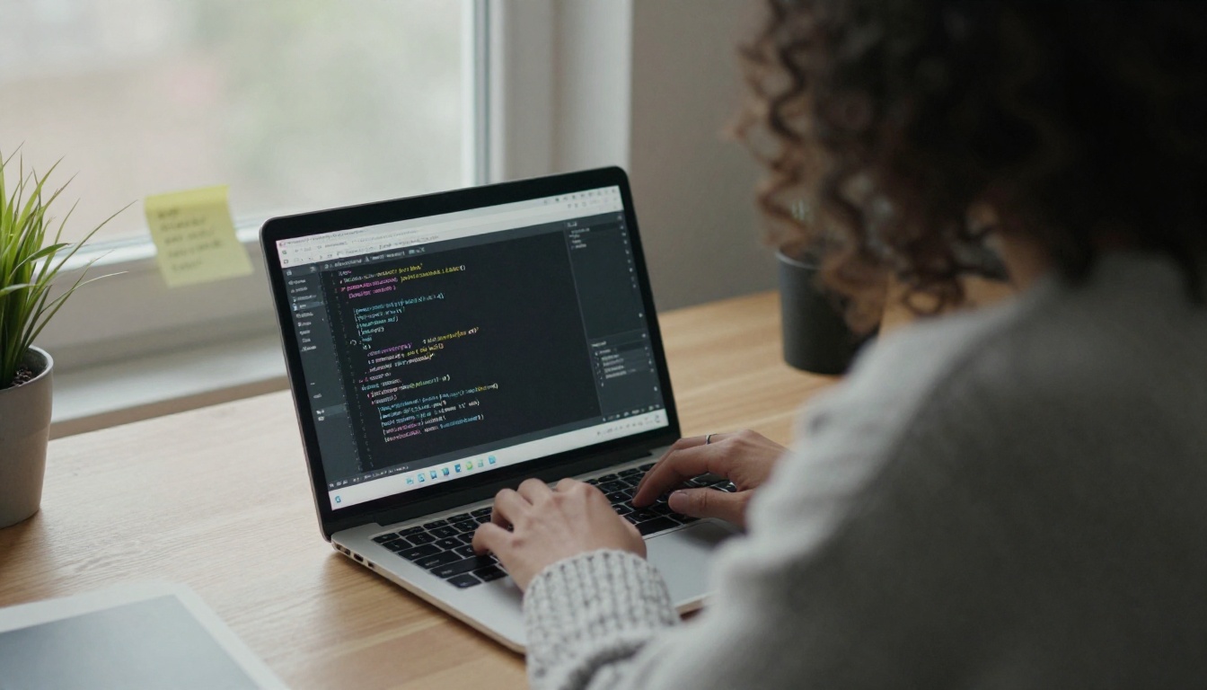 Over-the-shoulder view of a woman typing a short block of configuration lines into a code editor
