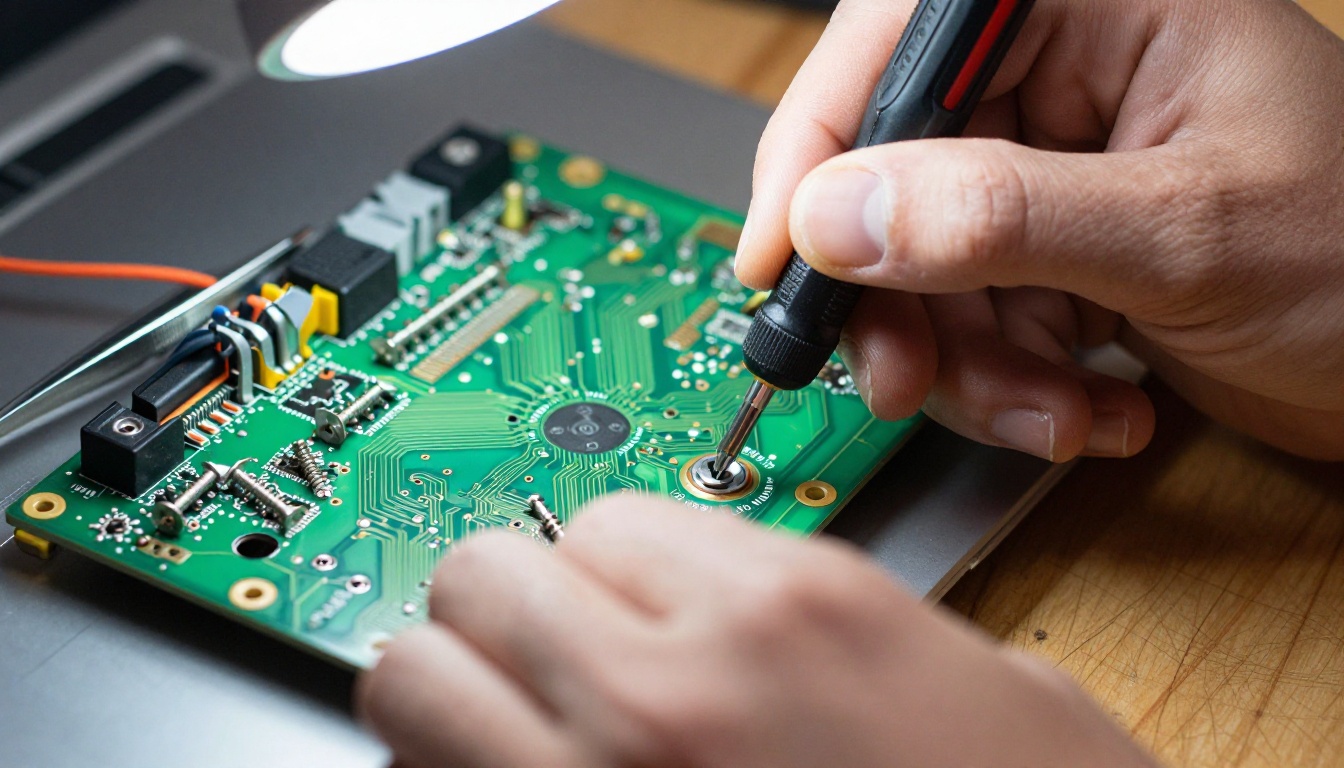 Technician's hands tightening a tiny screw on the open back of a laptop