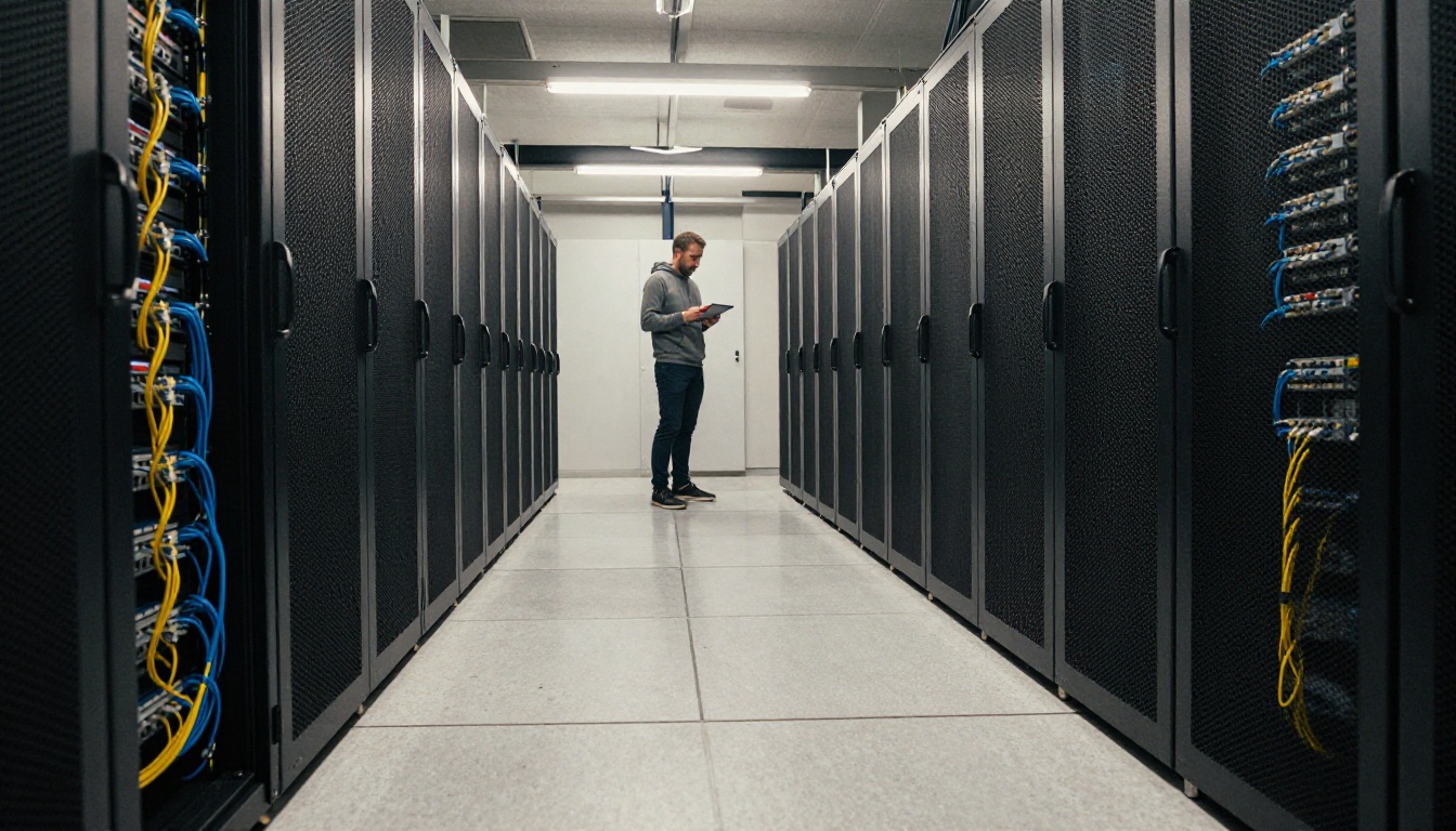 Wide view down an aisle of server racks with patched ethernet cables and a technician far in the distance