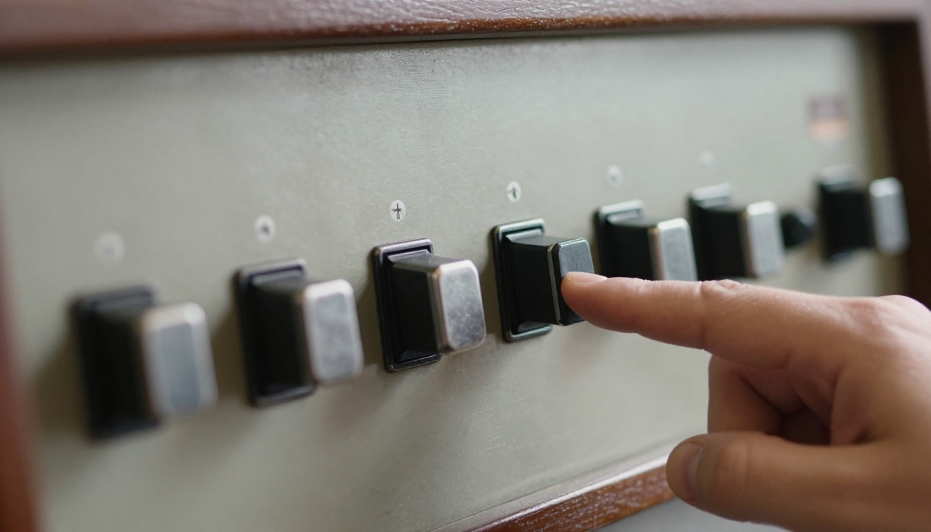 A hand flipping a black toggle switch on a brushed steel panel with a row of metal toggles