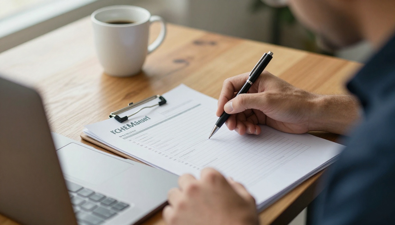 A man in a navy shirt holding a pen above a printed checklist at a wooden desk, hesitating before signing