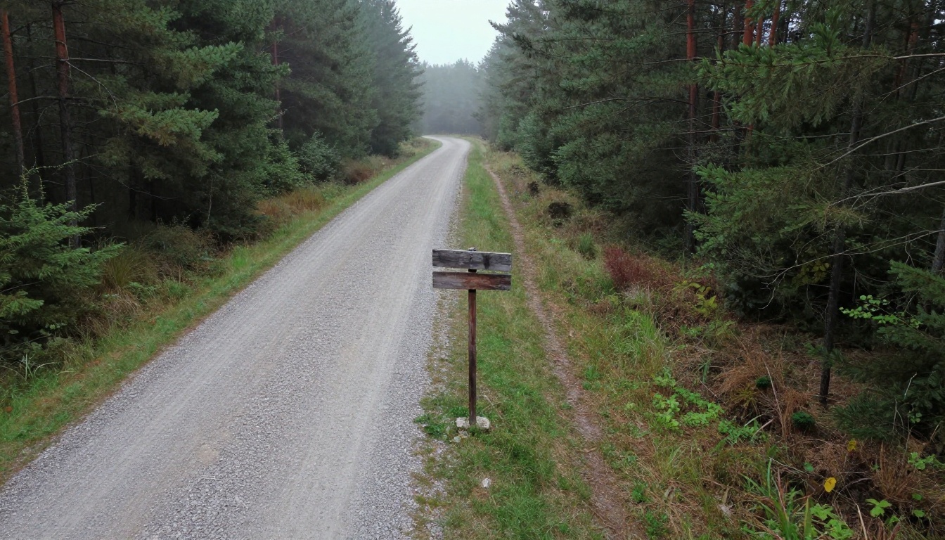 Aerial view of a gravel road splitting into two paths at the edge of a pine forest