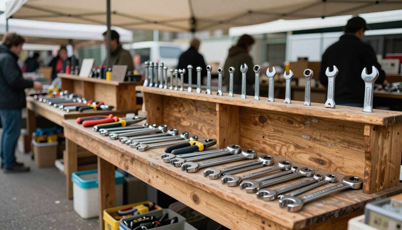 A hardware market stall with rows of hand tools on wooden tables and a shopper examining a steel wrench