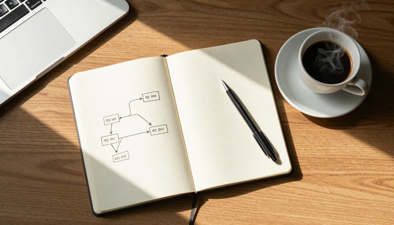 Open notebook with a hand-drawn flowchart beside an espresso cup on an oak desk