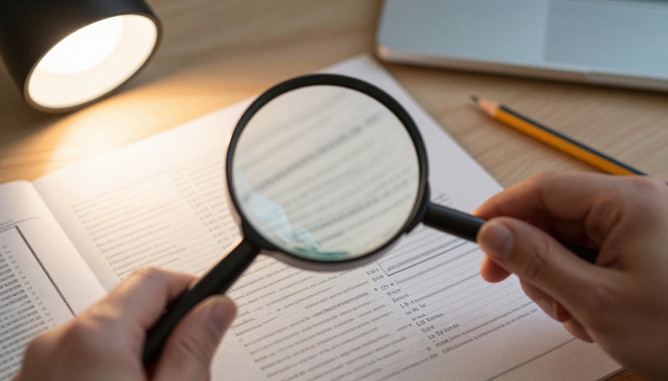 A hand holding a magnifying glass over printed rows of tiny text lines, a pencil underlining one line